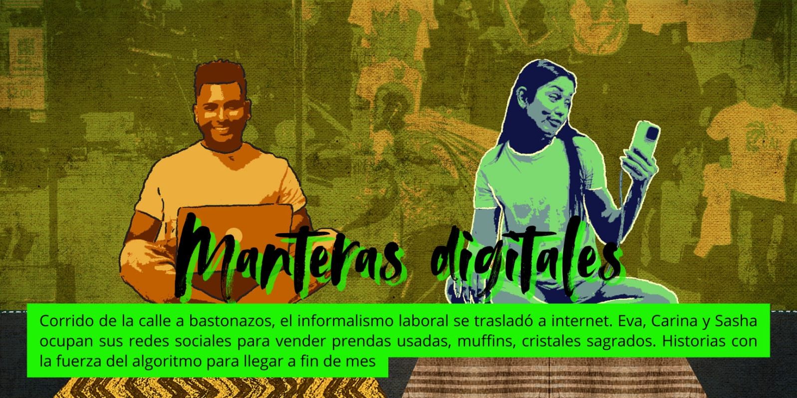 Ilustración digital de Juan Soto que representa la temática de la informalidad laboral en Argentina y las manteras digitales: un joven con una notebook y a una joven mirando el celular